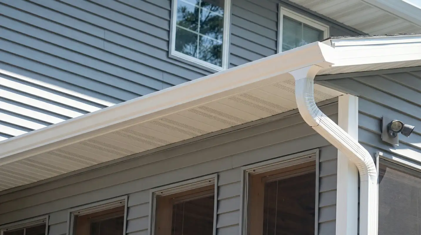 Professional home remodeling project showing newly installed white seamless gutters and downspouts on a house with gray siding in Mesa, AZ