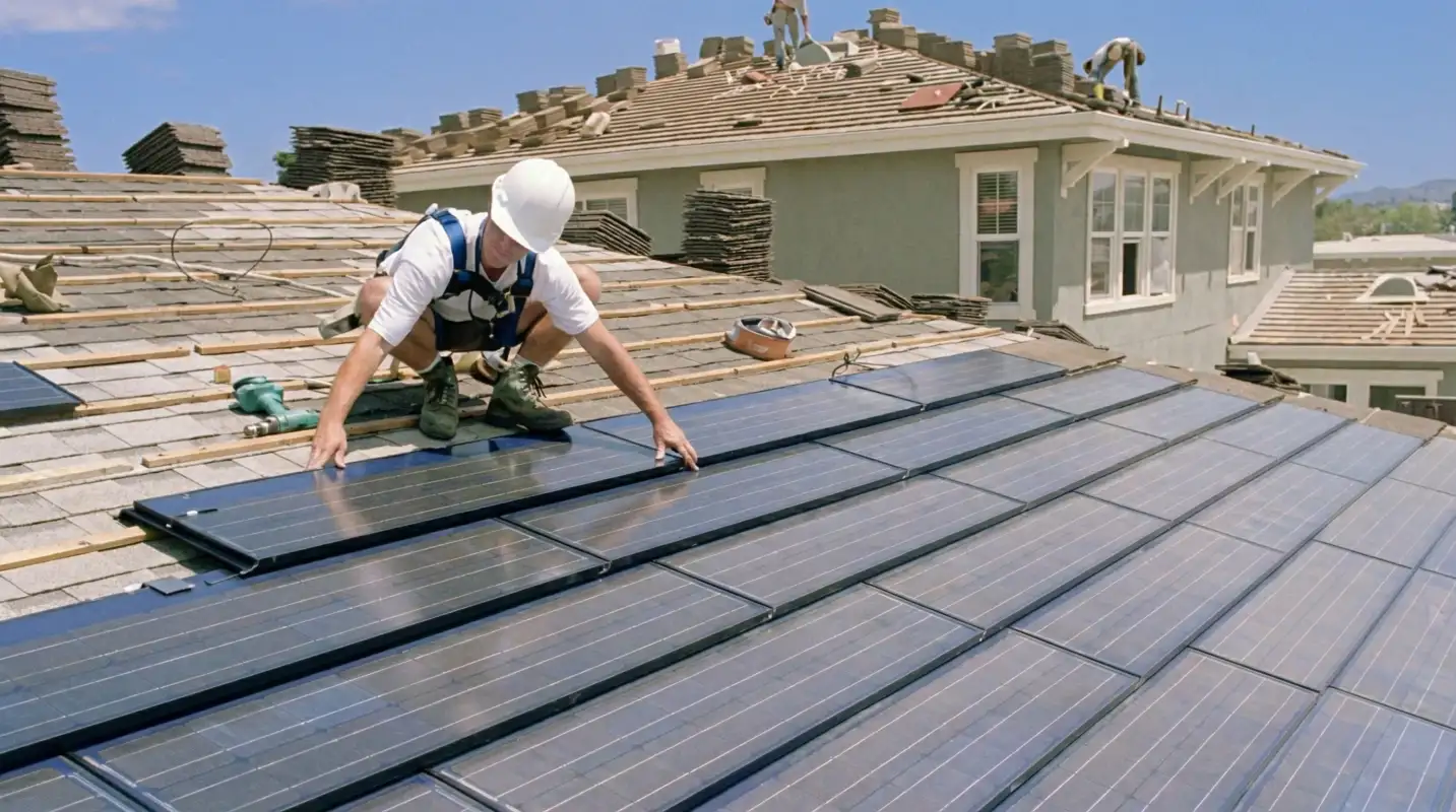 Roof replacement expert installing modern solar shingles on a residential home in Mesa, AZ