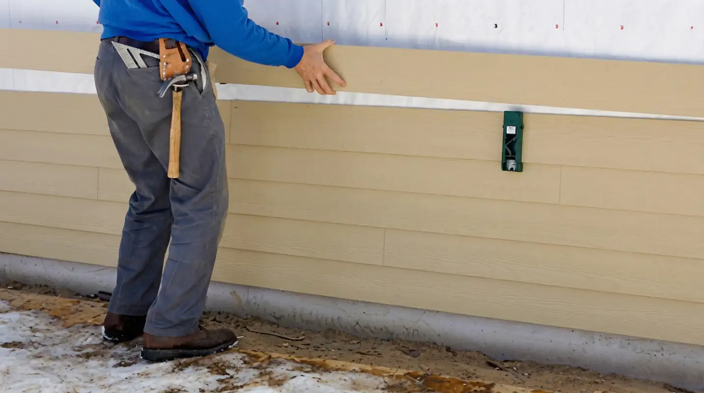 Siding replacement expert carefully aligning a new tan siding panel onto a residential exterior wall in Mesa, AZ