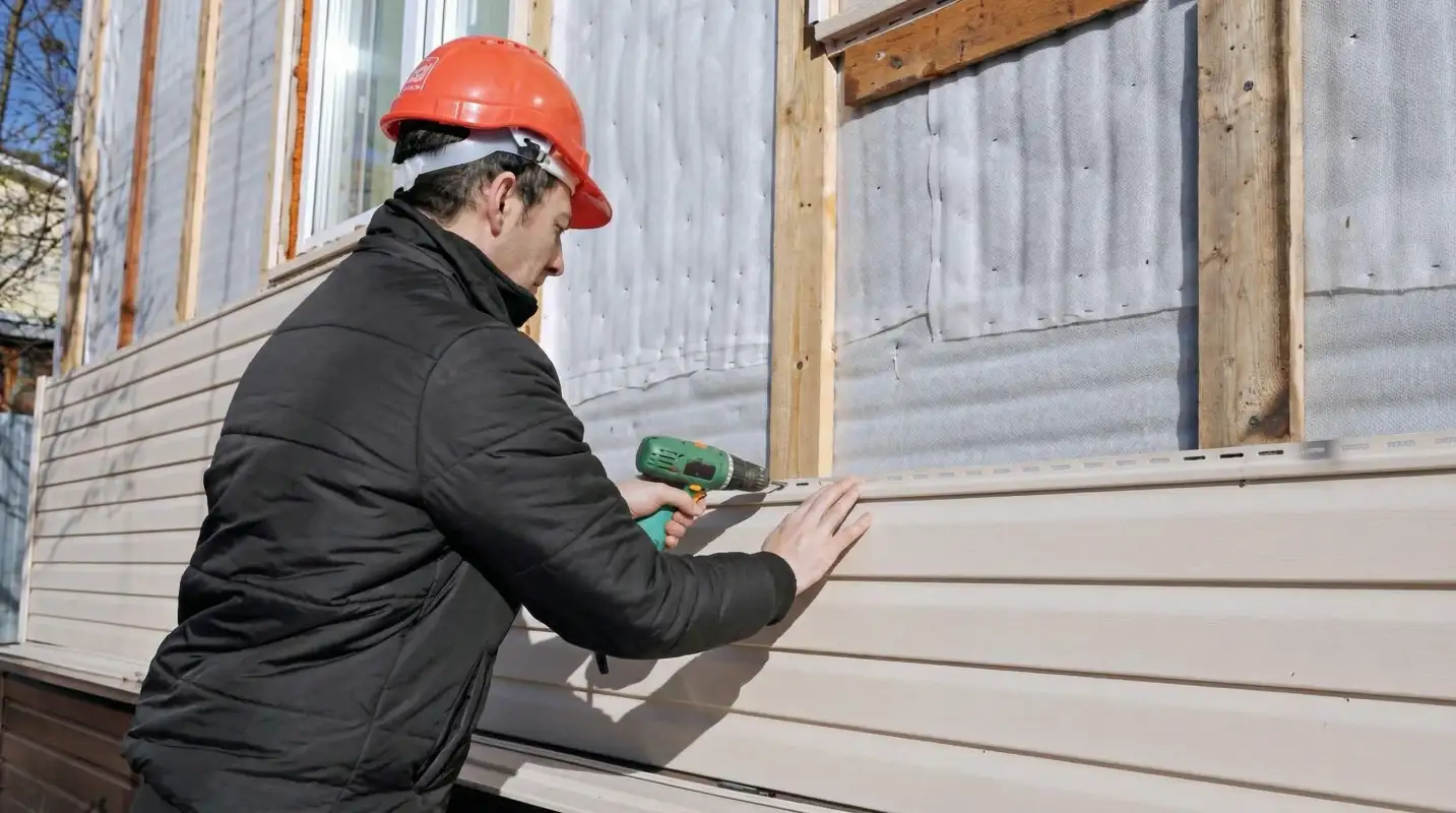 Siding replacement professional using a power drill to install new tan vinyl siding on a home exterior in Mesa, AZ