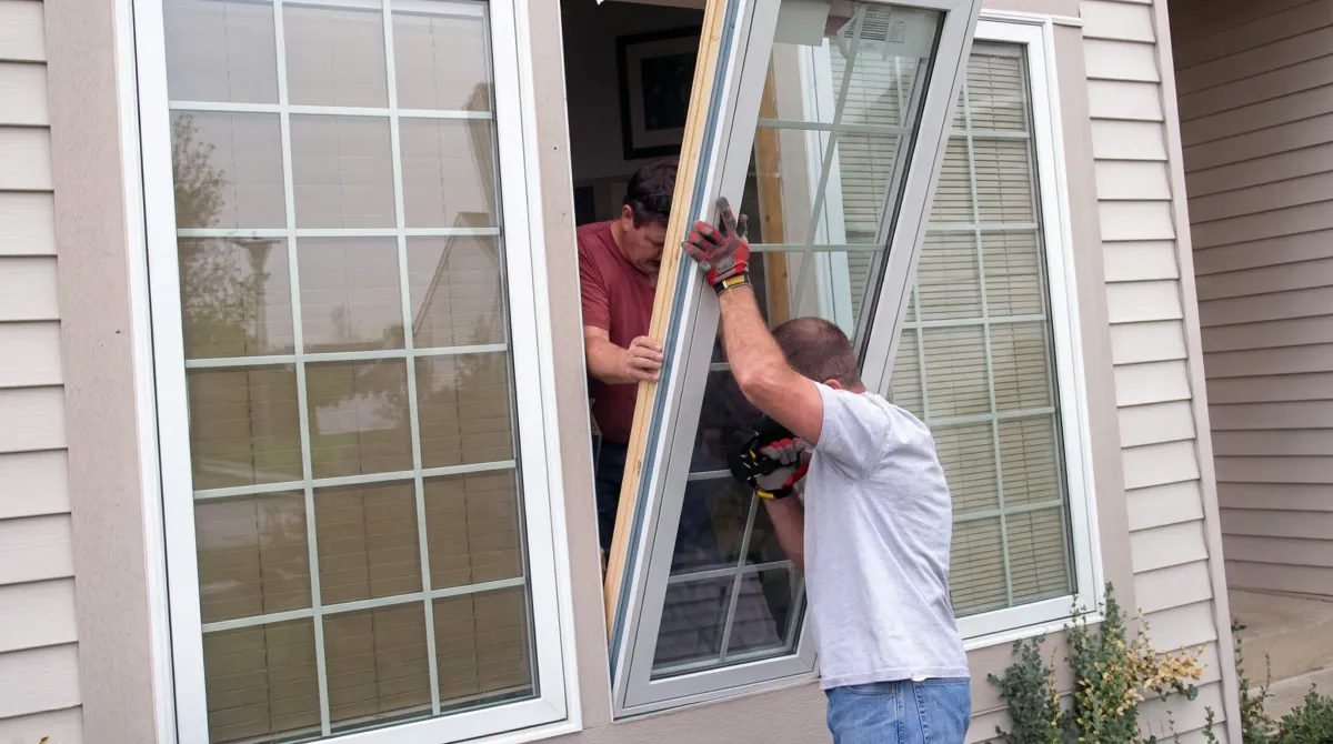 Professional home remodeling team installing a large replacement window on a house with tan siding in Mesa, AZ