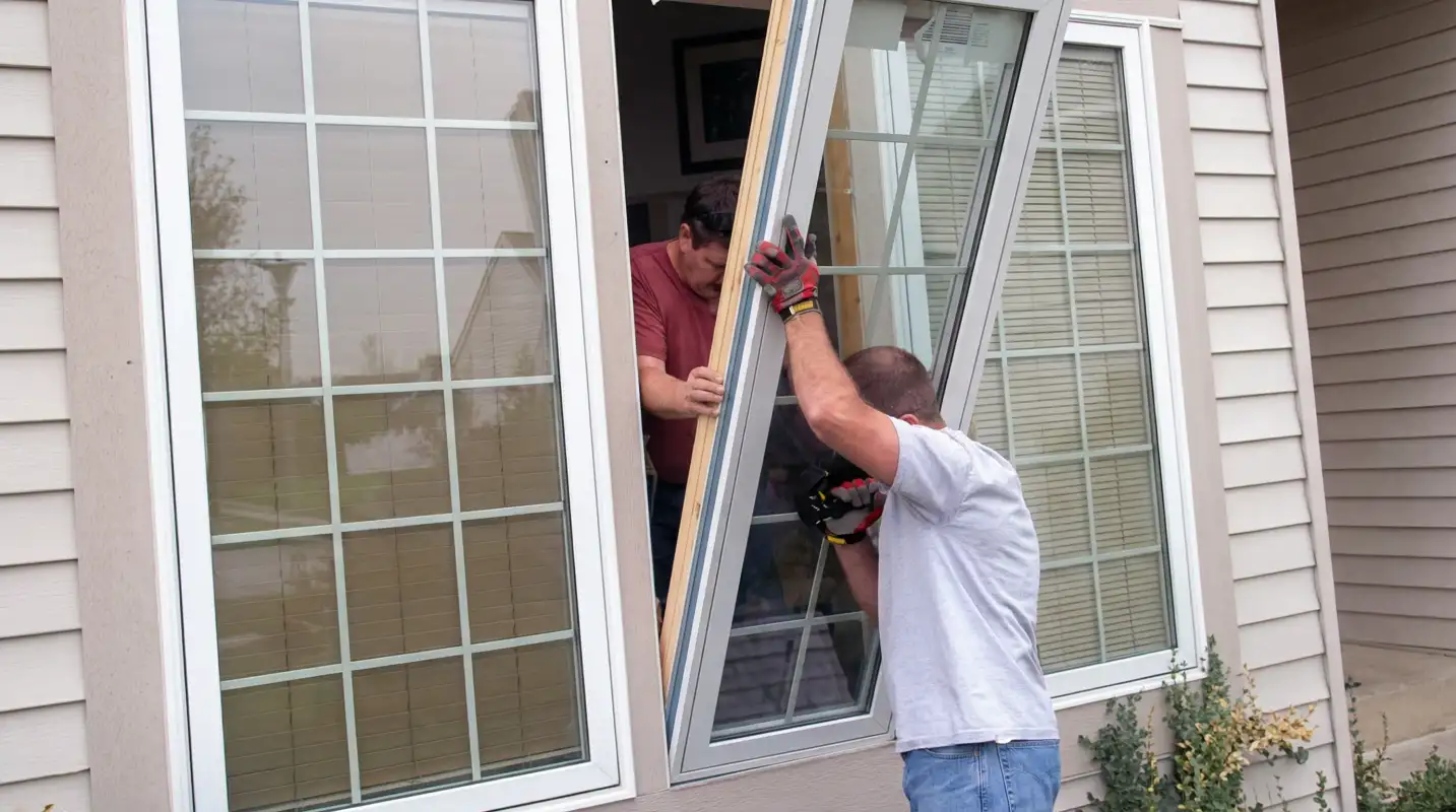 Professional home remodeling team installing a large replacement window on a house with tan siding in Mesa, AZ